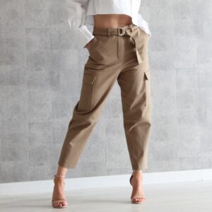 Beige Carrot Fit Cargo Pants with Matching Belt Metal Buckle | High Waisted Slouchy Trousers Front & Side Patch Pockets Flaps