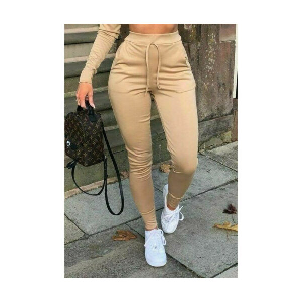 (Beige, M/L (UK12-14)) Ladies Womens High Waist Cuffed Bottom Jogging Joggers Pants Trousers Loungewear