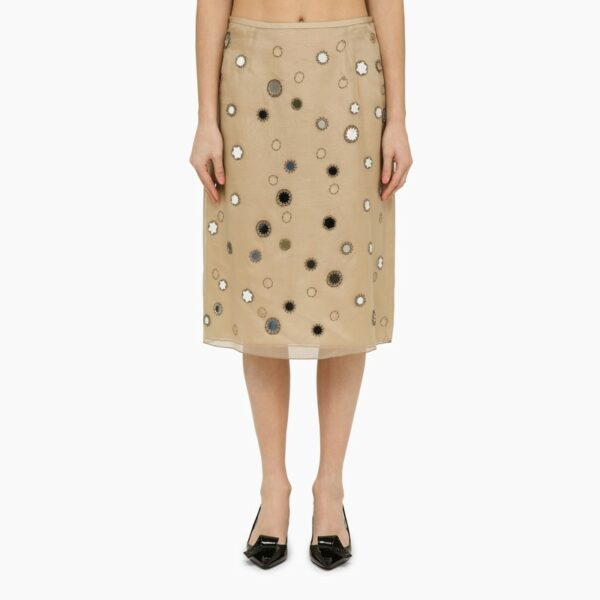 Beige silk midi skirt with mirrors