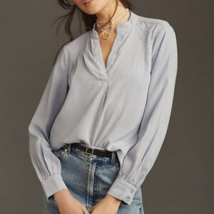 Bella Dahl Henley Long-Sleeve Pleated Blouse