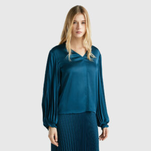 Benetton, Blouse With Long Pleated Sleeves, size M, Teal, Women