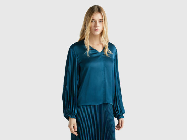 Benetton, Blouse With Long Pleated Sleeves, size M, Teal, Women