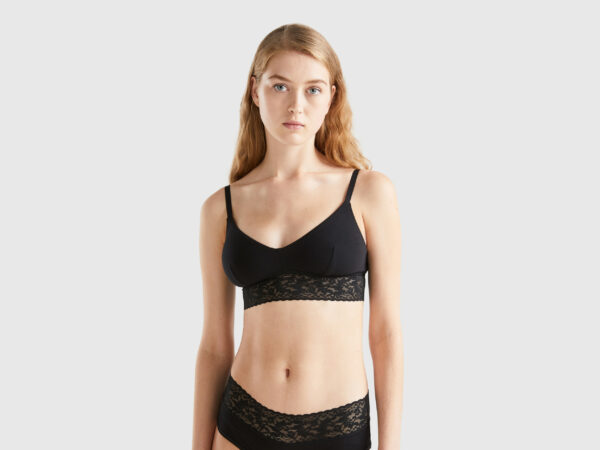 Benetton, Bralette In Super Stretch Organic Cotton, size XS-S, Black, Women