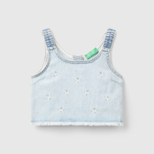 Benetton, Denim Blouse With Butterfly Embroidery, size M, Sky Blue, Kids