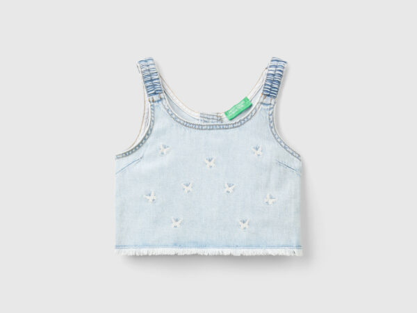 Benetton, Denim Blouse With Butterfly Embroidery, size M, Sky Blue, Kids