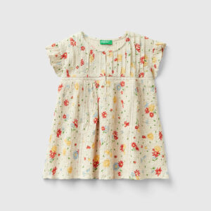 Benetton, Floral Blouse With Rouches, size M, Creamy White, Kids