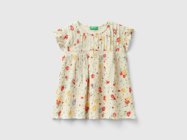 Benetton, Floral Blouse With Rouches, size M, Creamy White, Kids