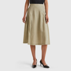 Benetton, Midi Skirt In Pure Linen, size , Light Green, Women