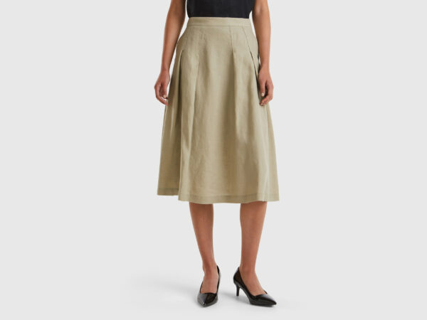 Benetton, Midi Skirt In Pure Linen, size , Light Green, Women