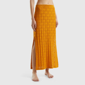 Benetton, Monogram Knit Midi Skirt, size XS, Mustard, Women