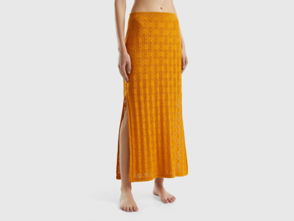 Benetton, Monogram Knit Midi Skirt, size XS, Mustard, Women