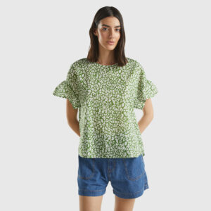 Benetton, Patterned Blouse In Light Cotton, size XXS, Green, Women