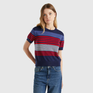 Benetton, Short Sleeve Top With Stripes, size L, Dark Blue, Women