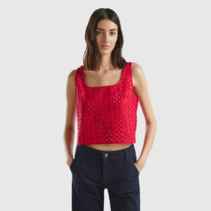 Benetton, Sleeveless Blouse In Broderie Anglaise, size L, Red, Women