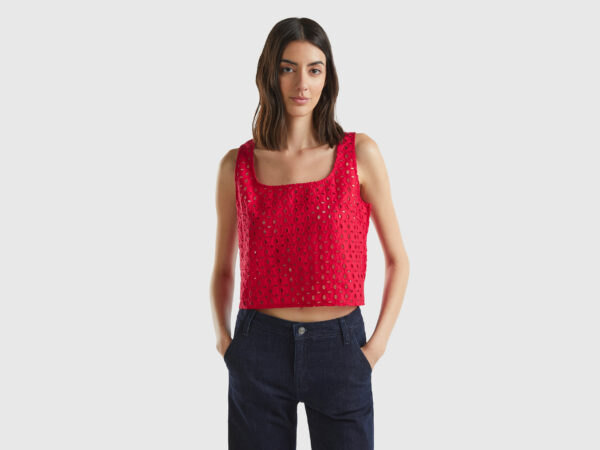 Benetton, Sleeveless Blouse In Broderie Anglaise, size L, Red, Women