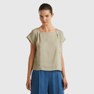 Benetton, Square Neck Blouse In Pure Linen, size XL, Light Green, Women