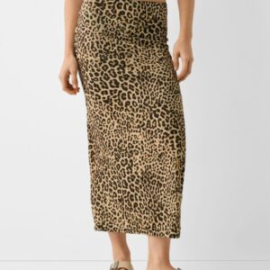 Bershka Animal Print Midi Skirt With Slit Women M Beige