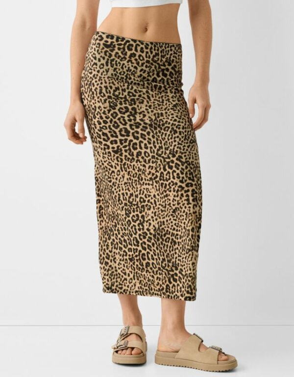 Bershka Animal Print Midi Skirt With Slit Women M Beige