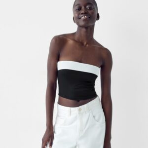 Bershka Bandeau Top With A Turn-Up Hem Women L White / Black