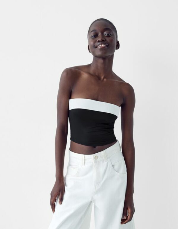 Bershka Bandeau Top With A Turn-Up Hem Women L White / Black