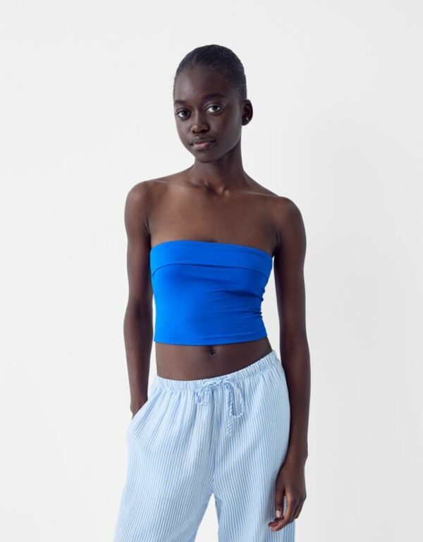 Bershka Bandeau Top With A Turn-Up Hem Women S Blue