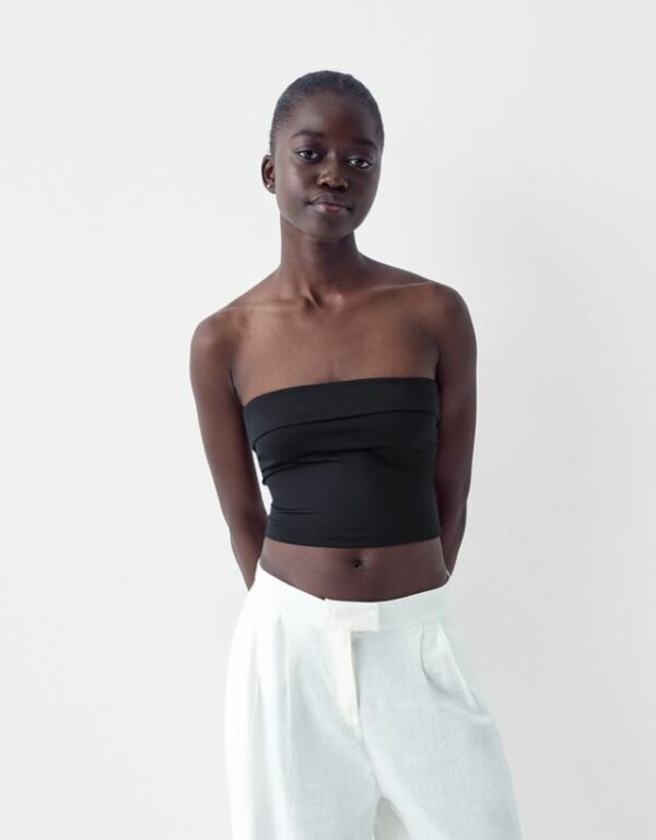 Bershka Bandeau Top With A Turn-Up Hem Women Xs Black