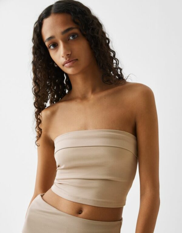 Bershka Bandeau Top With A Turn-Up Hem Women Xs Camel