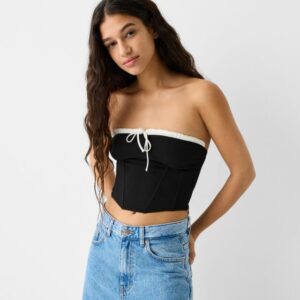 Bershka Bandeau Top With Contrast Scalloped Neckline Women L Black