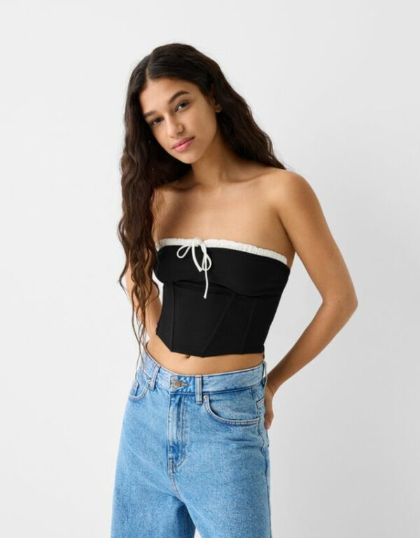 Bershka Bandeau Top With Contrast Scalloped Neckline Women L Black