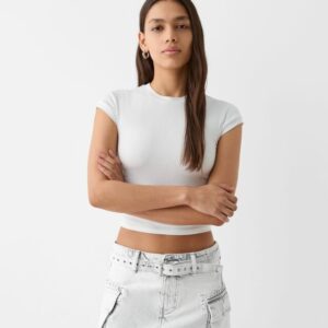 Bershka Belted Twill Cargo Mini Skirt Women 06 White