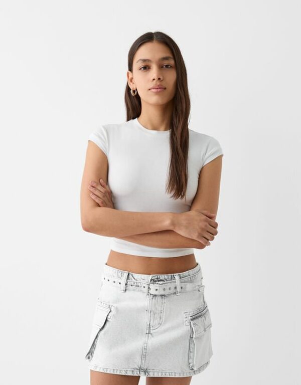 Bershka Belted Twill Cargo Mini Skirt Women 06 White