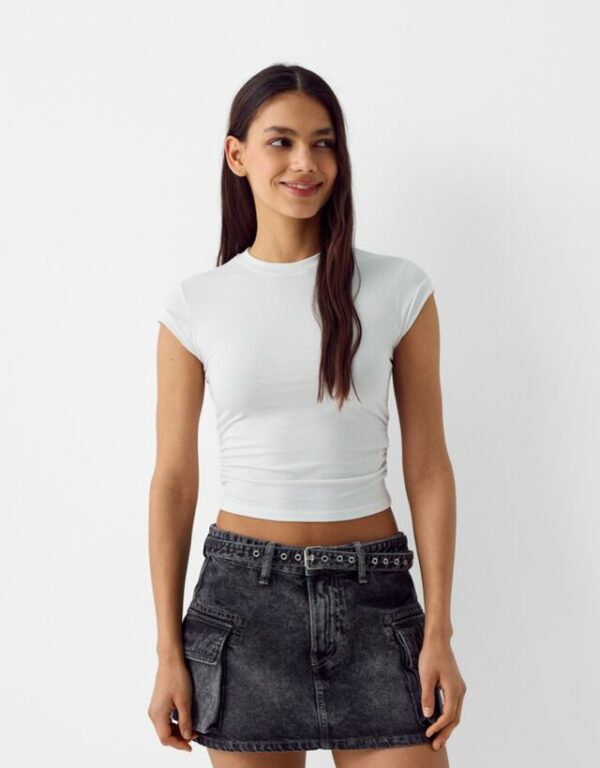 Bershka Belted Twill Cargo Mini Skirt Women 14 Grey