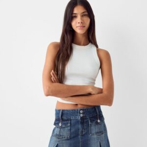 Bershka Box Pleat Cargo Mini Skirt Women L Washed Out Blue