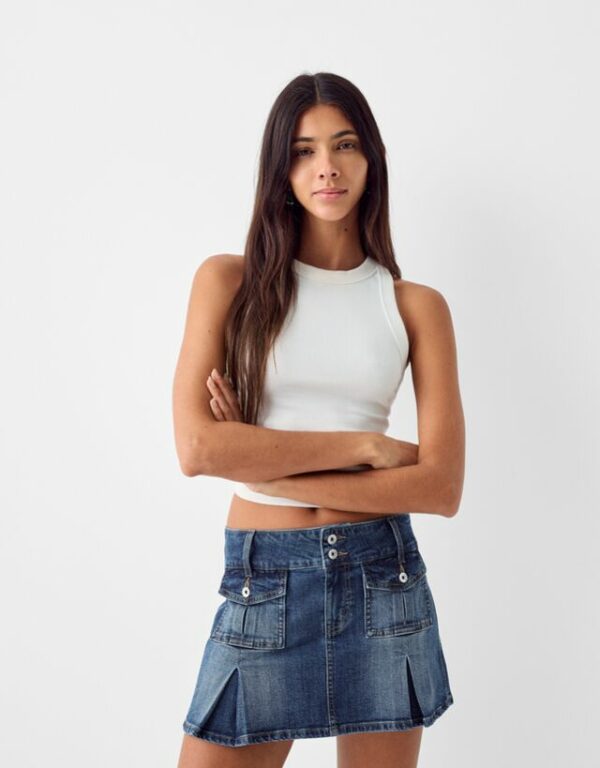 Bershka Box Pleat Cargo Mini Skirt Women L Washed Out Blue