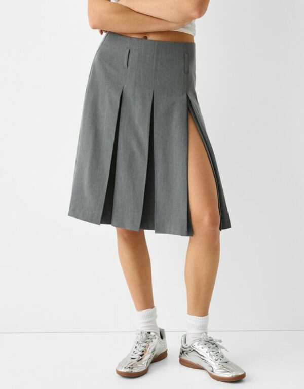 Bershka Box Pleat Midi Skirt Women S Grey