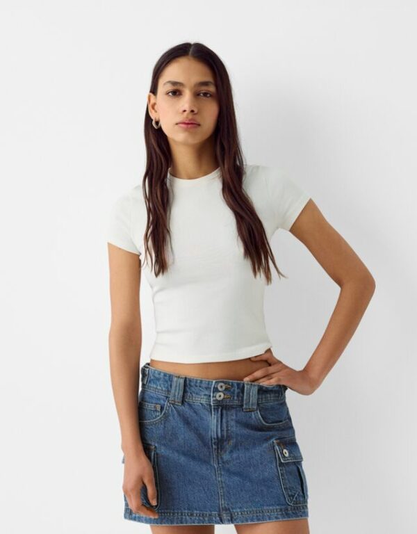 Bershka Denim Mini Cargo Skirt Women 04 Light Blue