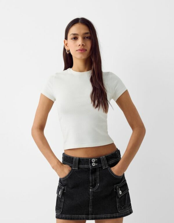 Bershka Denim Mini Cargo Skirt Women 06 Black