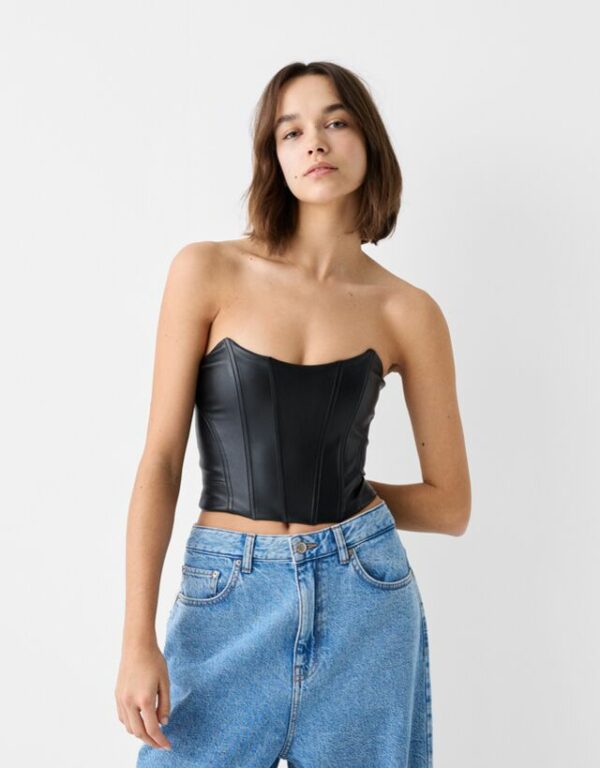 Bershka Faux Leather Bandeau Crop Top Women M Black