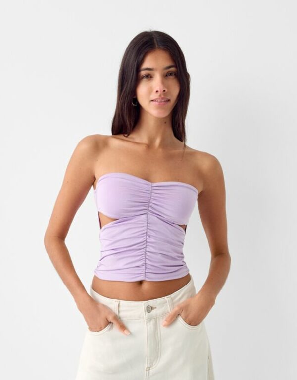 Bershka Gathered Bardot Cut-Out Top Women Xs Violet