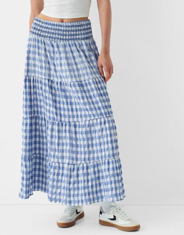 Bershka Gingham Check Midi Skirt Women Xl Blue