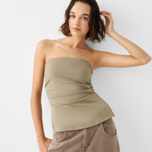 Bershka Ponte Di Roma Knit Bandeau Top With Gathered Detail Women L Sand