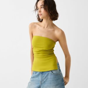 Bershka Ponte Di Roma Knit Bandeau Top With Gathered Detail Women M Green