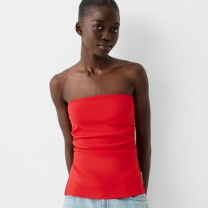 Bershka Ponte Di Roma Knit Bandeau Top With Gathered Detail Women S Red