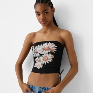 Bershka Printed Bandeau Top Women L Black