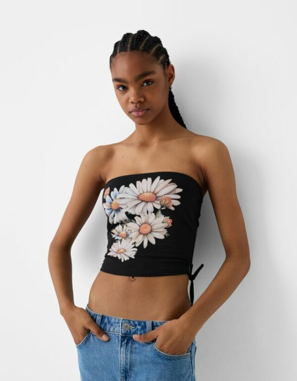 Bershka Printed Bandeau Top Women L Black