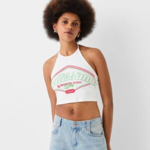 Bershka Printed Halter Top Women Xs Cream