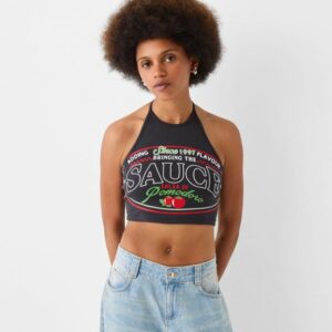 Bershka Printed Halter Top Women Xs Grey