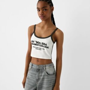 Bershka Printed Strappy Top Women S Cream