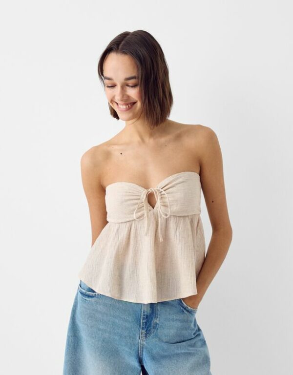 Bershka Rustic Bandeau Top With Tie Detail Women M Sand