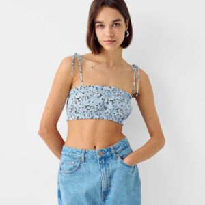 Bershka Strappy Bralette Print Top Women Xs Light Blue